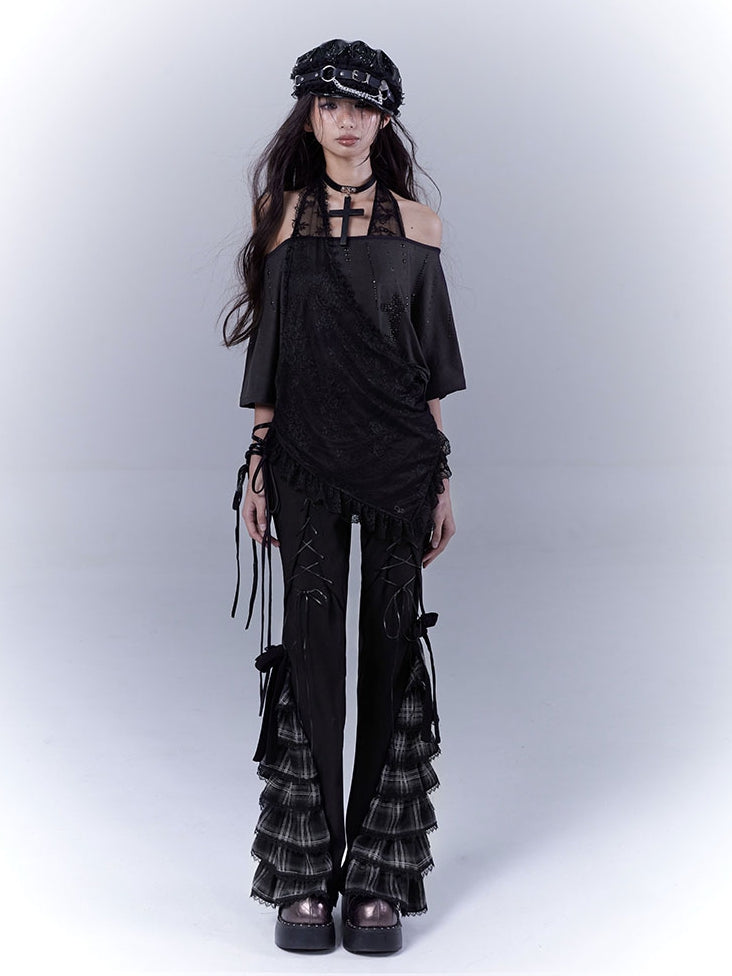 T-Shirt Neckholder Schwarz Kreuz Strass Gebogener Saum