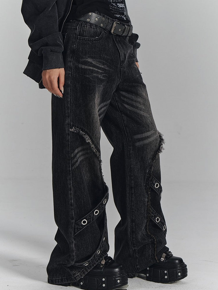 Punk Strips Denim Faded with Jeans Diagonal Raw Black Hem Wash Metal Eyelet