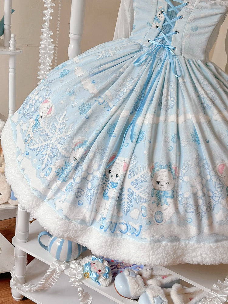 Sweet Winter Lolita Snowy Teddy Print Light Blue Dress JSK Full Set