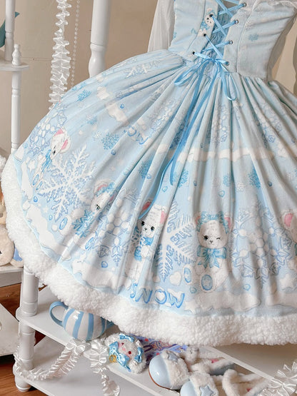 Sweet Winter Lolita Snowy Teddy Print Light Blue Dress JSK Full Set