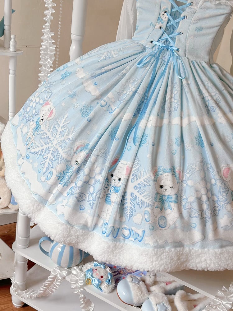 Snowflake Winter and Bear Blue Light Sweet Dress with Print Lolita