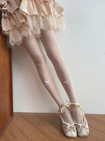 Butterfly Tights Pattern Socks Trim Hollow-out Nude /Lace