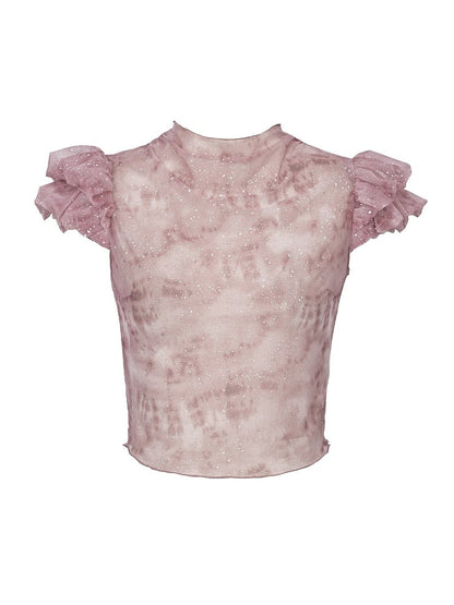 Pink Top Sleeves Punk Silver Y2K Puff with Distressed Tulle Graphics