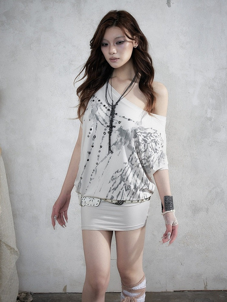 Asymmetrical Batwing Sleeve Bodycon Dress with Wing Print - NO ROMANCE