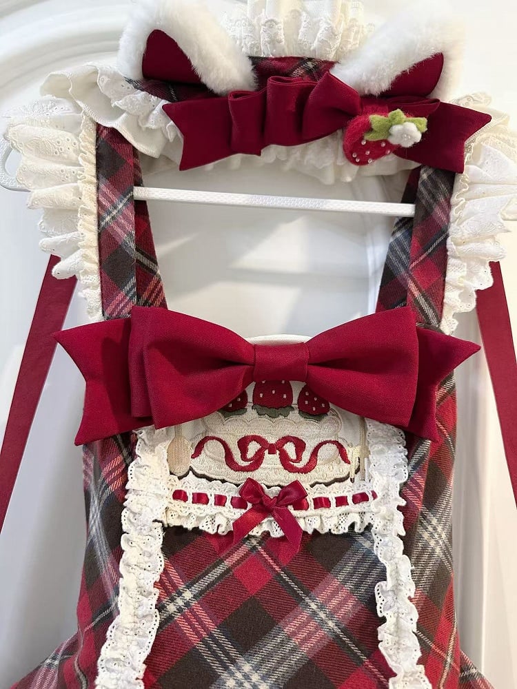 Lolita Plaid Strawberry Sweet Red Hem Scalloped Trim with Tartan Themed Dress Edge