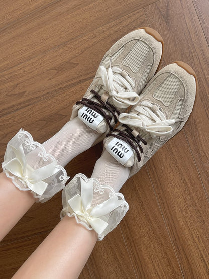 Ruffle Bow Breathable Black/White/Apricot Lolita Socks Mesh Decorated