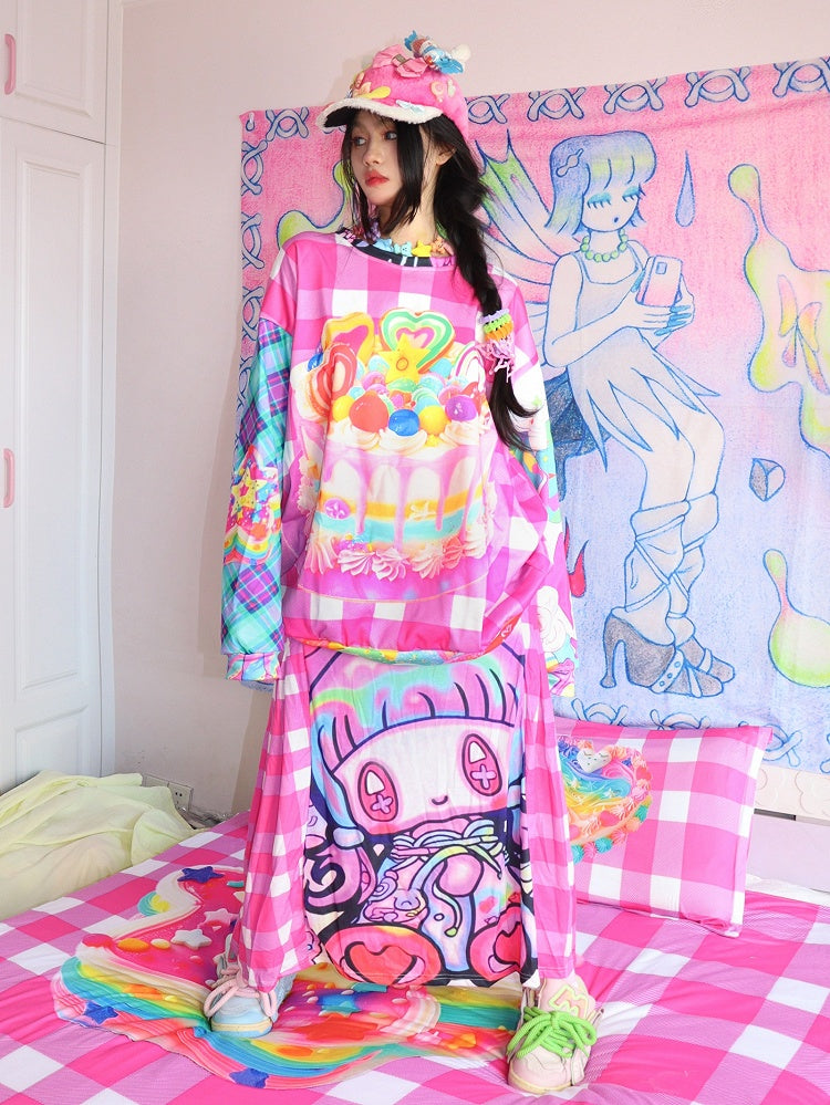 Kariertes Cartoon-Rock-Druckmuster Y2K Rote Rose