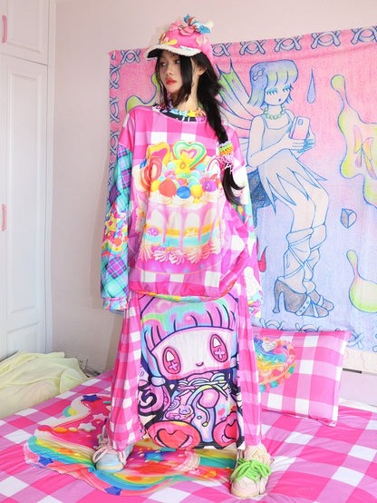 Kariertes Cartoon-Rock-Druckmuster Y2K Rote Rose