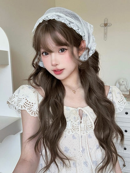 ブラウンの前髪付きエアウィッグ 72CM ウェーブ長さ