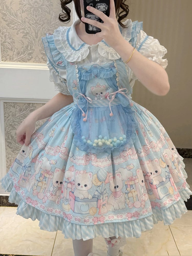 Blue Kitty and Polka Dots Pattern Sweet Lolita Overall Dress
