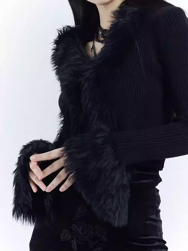 Gothic Schwarzer V-Ausschnitt Plüschbesatz Eng anliegender Strickpullover