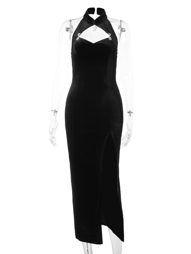 Accent Slit Metal with Thigh-high Black Snake Gothic Halloween Cheongsam Qipao