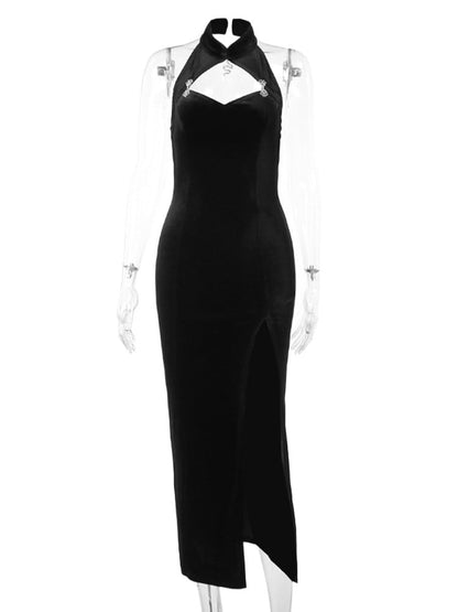 Accent Slit Metal with Thigh-high Black Snake Gothic Halloween Cheongsam Qipao