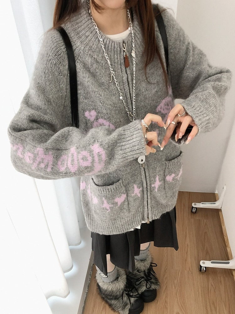 Two-way Pink Placket Zip Knit - Jacket Neck Round Grey