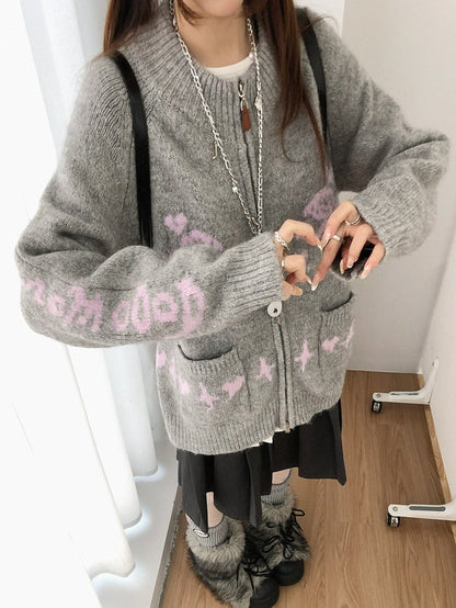 Two-way Pink Placket Zip Knit - Jacket Neck Round Grey