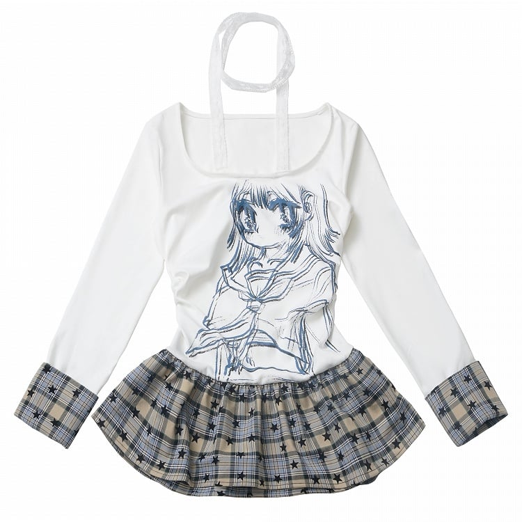 Design Top Round Neck Anime Girl Print Star White/Red Plaid Patchwork Pattern