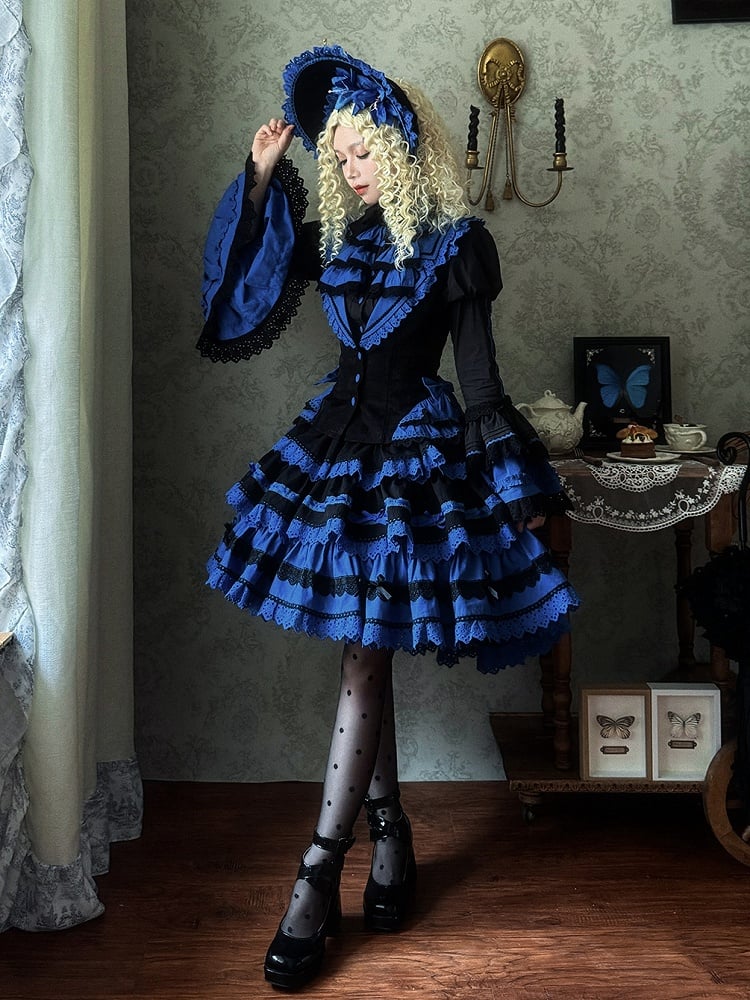 Waistcoat Skirt Gothic and Shirt + Sleeves Lolita High Waist Blue Black Bell - Set Klein