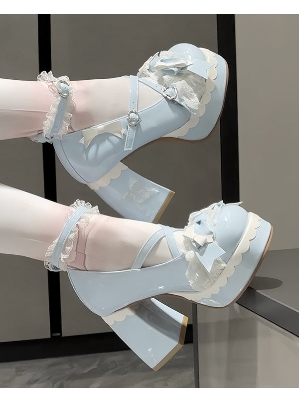 Mary Heel Blue Janes - High Sweet Platform Crisscross Block Lolita Design