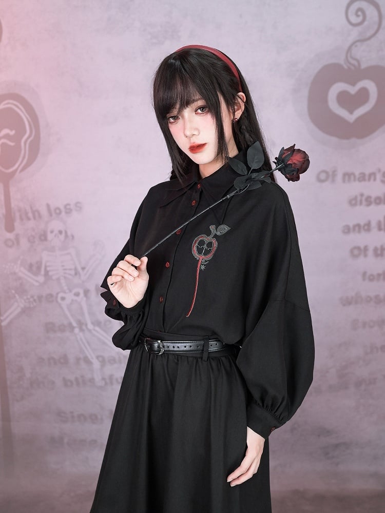 Asymmetrical Black Apple Hem Embroidery Sleeve Long With Shirt Curved Gothic