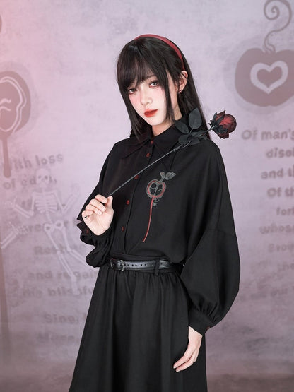 Asymmetrical Black Apple Hem Embroidery Sleeve Long With Shirt Curved Gothic