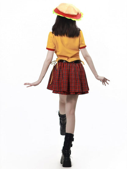 Red Plaid Skirt with Buttoned Strap Accents - PINK SAVIOR