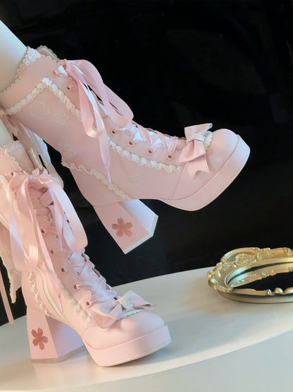 High-heel Embroidery with Lolita Boots Sweet Closure Pink Sakura Dual