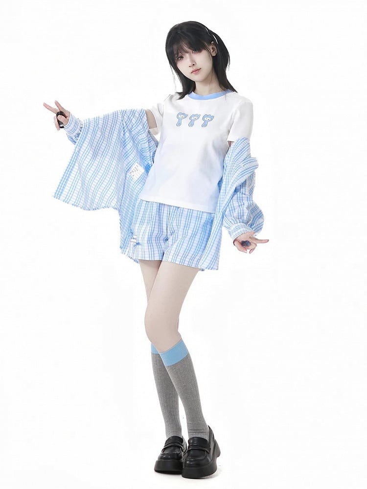 Round Neck Cute Cartoon Print T-Shirt Contrast Trim White Blue