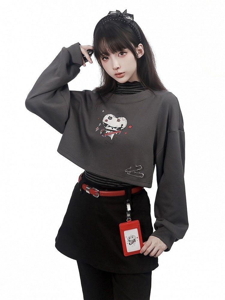 Crew Neck Cropped Sweatshirt in Gray with Cartoon Mouse Print and Safety Pin Detail - PINK SAVIOR