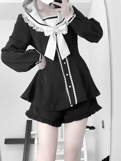 Schwarz-weißes Kei-Minikleid mit Ohrenschleife, Shorts mit Rüschensaum, Jirai und Rückenschnürung, Matrosenkragen, Hasen-Design-Set