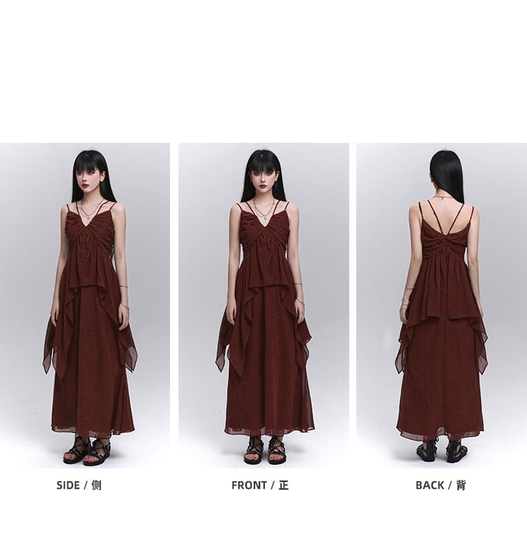 レッド Vネック ヘム ハンカチトップ キャミソール ダーク