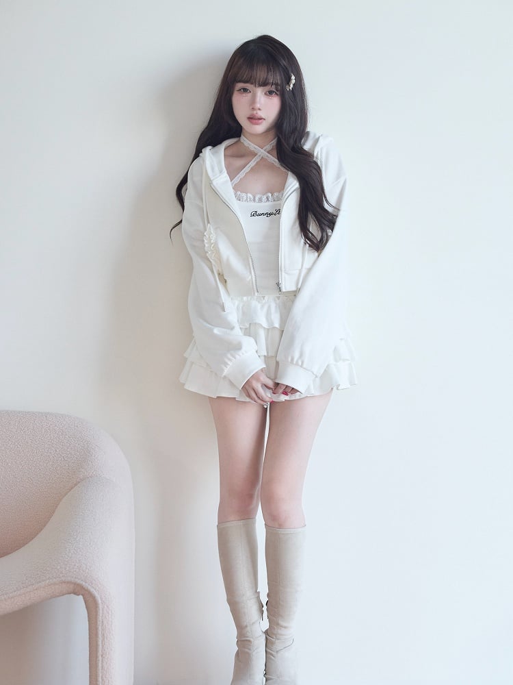 Camisole White Zip Set Pattern Letter Hoodie + Lace Jirai Kei