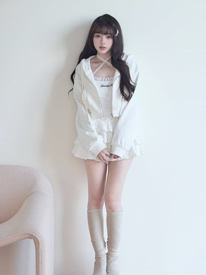 Camisole White Zip Set Pattern Letter Hoodie + Lace Jirai Kei