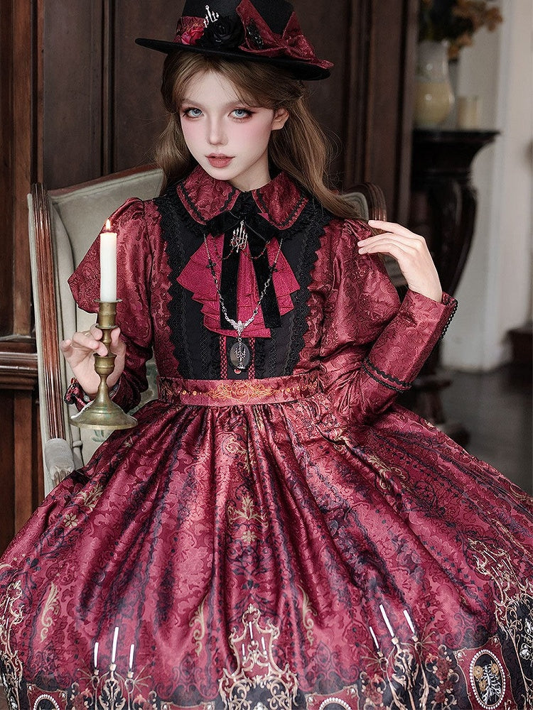 Red Dress with Lolita Wings Print Bat Gothic Candelabras Juliette Sleeves