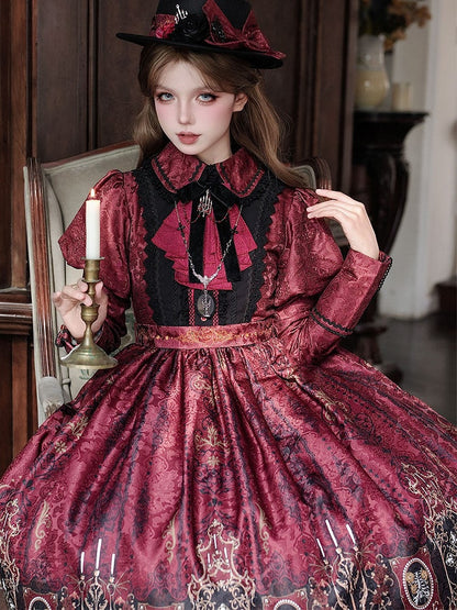 Red Dress with Lolita Wings Print Bat Gothic Candelabras Juliette Sleeves