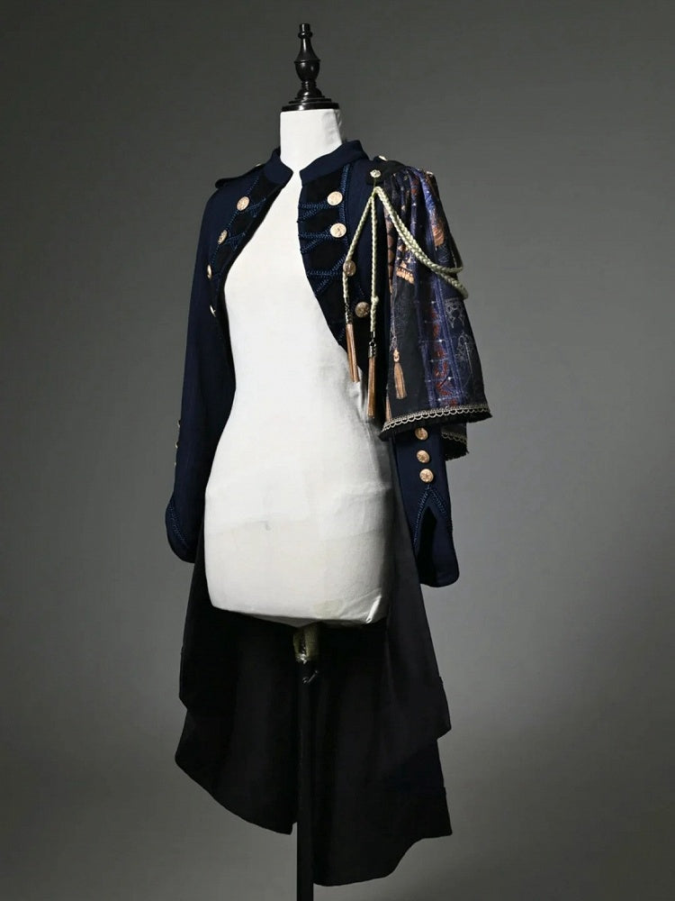 Dark Blue Detachable One-Shoulder Cape Coat