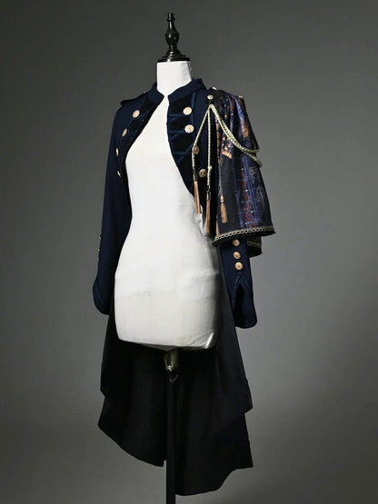 Dark Blue Detachable One-Shoulder Cape Coat