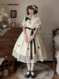 Two-Tone Beige and Black Lolita OP Gown with Edward Collar, Sheer Lace and Ribbon Trims - Miss Cube Dressworks