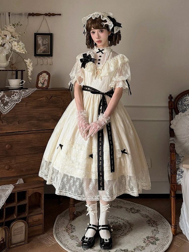 Two-Tone Beige and Black Lolita OP Gown with Edward Collar, Sheer Lace and Ribbon Trims - Miss Cube Dressworks