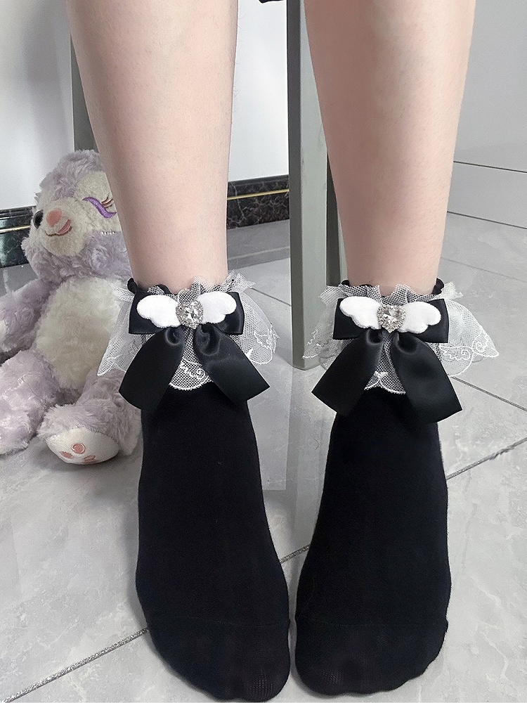 Kei Decoration Jirai Wing-Inspired with Ruffled Bow Socks Colors Rhinestone 4