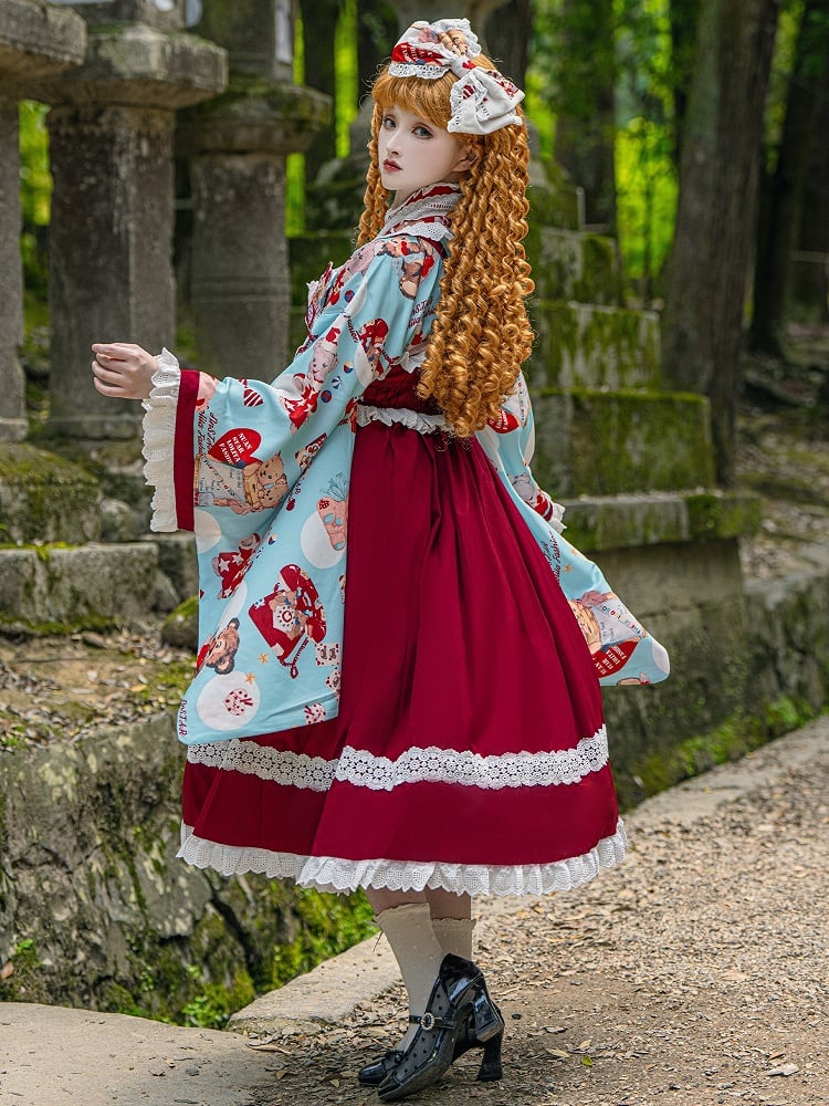 Wa Print + Bear Top Crossover Lace Dress Design Lolita Set Blue JSK Trimmed Red