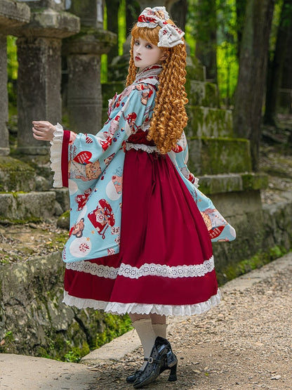 Wa Print + Bear Top Crossover Lace Dress Design Lolita Set Blue JSK Trimmed Red