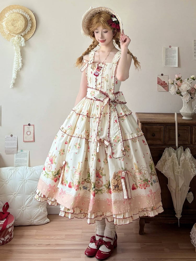 Lolita-Modekleid mit Blumenmuster und rosa Saum, Bunny Print House, Erdbeere und