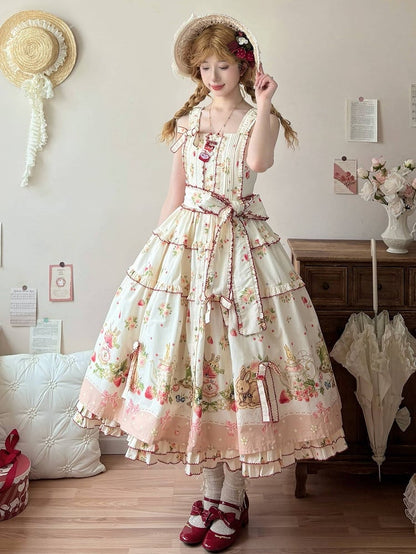 Lolita-Modekleid mit Blumenmuster und rosa Saum, Bunny Print House, Erdbeere und