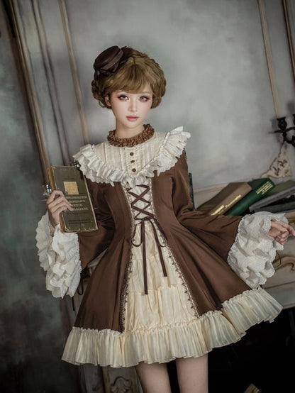 and Beige Ruffle Neckline Brown Sleeves Dress Lolita Bell Version Short