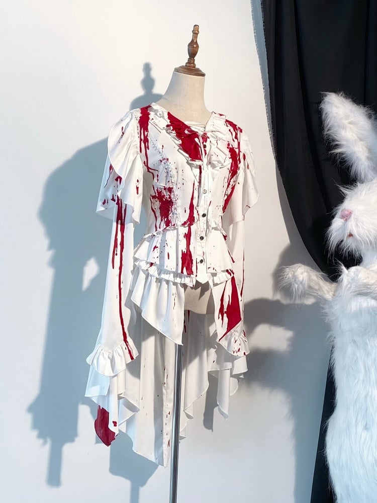 Gothic Ouji Lolita White & Red Bloodstain Ruffled Long Sleeve Shirt with Asymmetric Tail Accents - Tonight's White