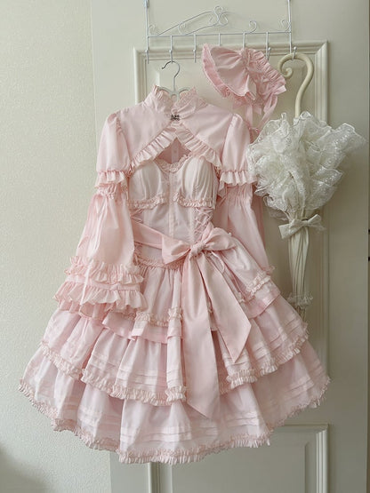 Ruffle Pink Sleeves + Top Buckle Accents with Splicing Set Flower Boned JSK Layered Lolita Bolero Dress