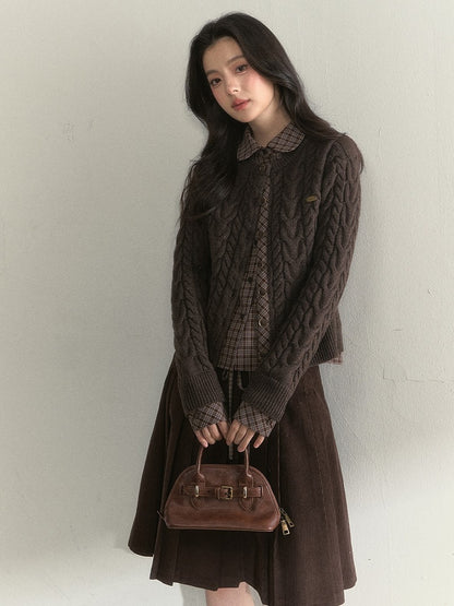 Sweet Plaid Blouse with Pattern Fake Two-piece Brown