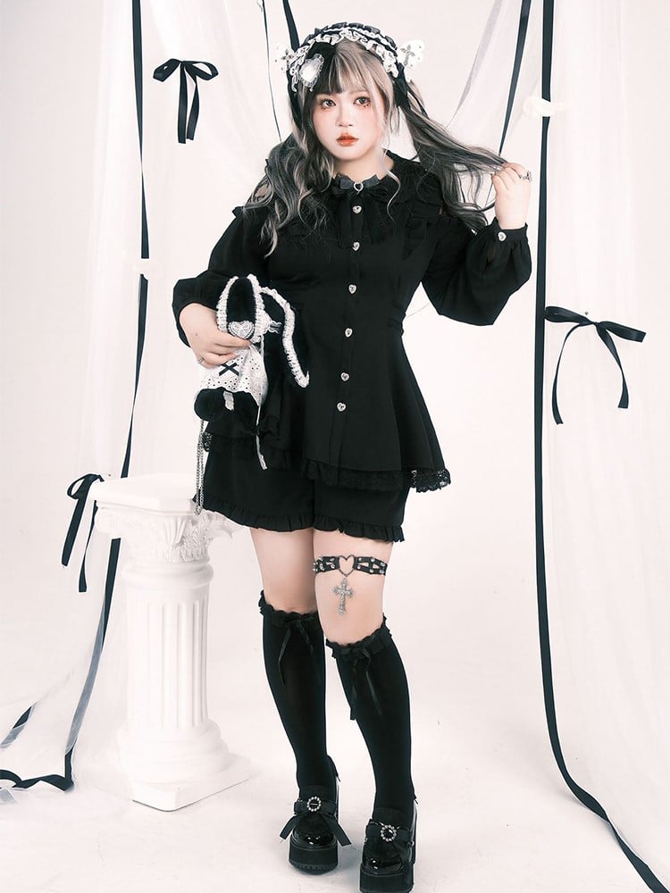 Set: Plus Elastic Open Black Waist Top Size Jirai Shoulder Shorts Kei