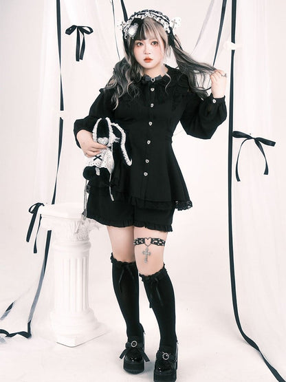 Set: Plus Elastic Open Black Waist Top Size Jirai Shoulder Shorts Kei