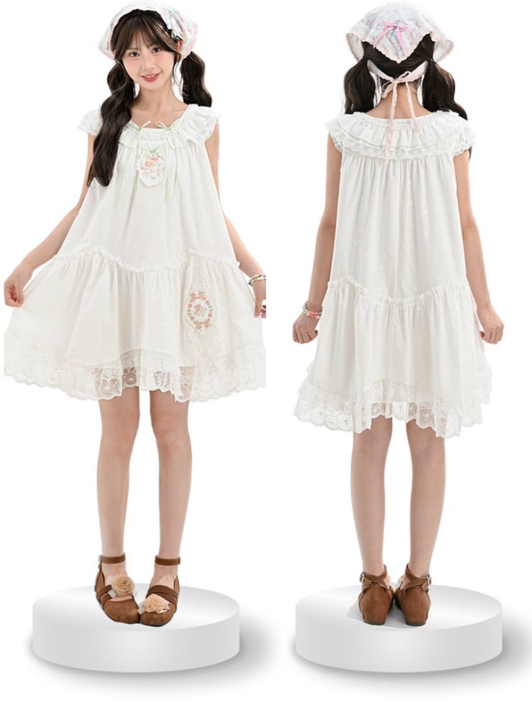 Trim Mori Kei Dress White Floral Embroidery Lace